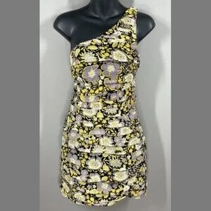 NEW Zara Dress Womens Medium black purple floral one shoulder sheath cocktail